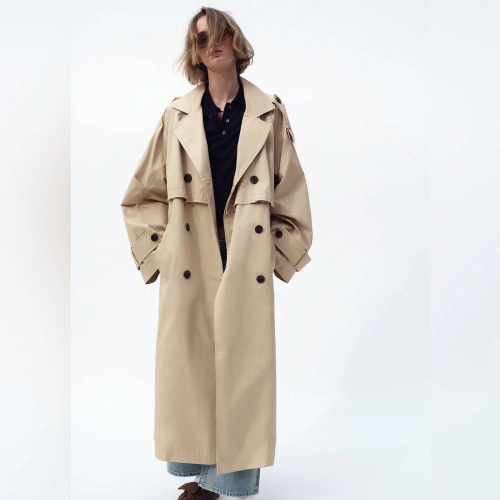 Zara coat jacket overcoat trench duster long beige tan casual